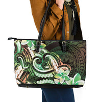 Polynesian Art Tattoo Leather Tote Bag Plumeria Flowers Green Gradient