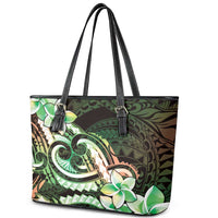 Polynesian Art Tattoo Leather Tote Bag Plumeria Flowers Green Gradient
