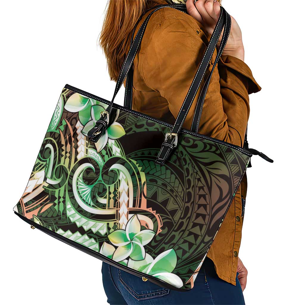 Polynesian Art Tattoo Leather Tote Bag Plumeria Flowers Green Gradient
