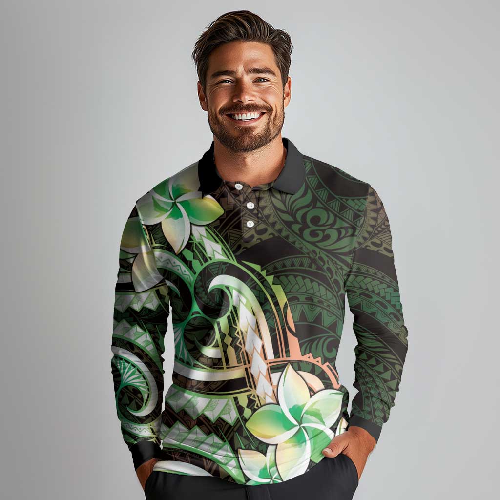 Polynesian Art Tattoo Long Sleeve Polo Shirt Plumeria Flowers Green Gradient LT05 - Polynesian Pride