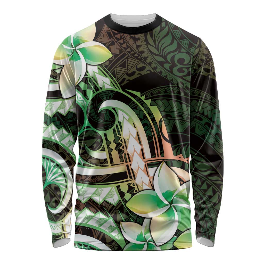 Polynesian Art Tattoo Long Sleeve Shirt Plumeria Flowers Green Gradient
