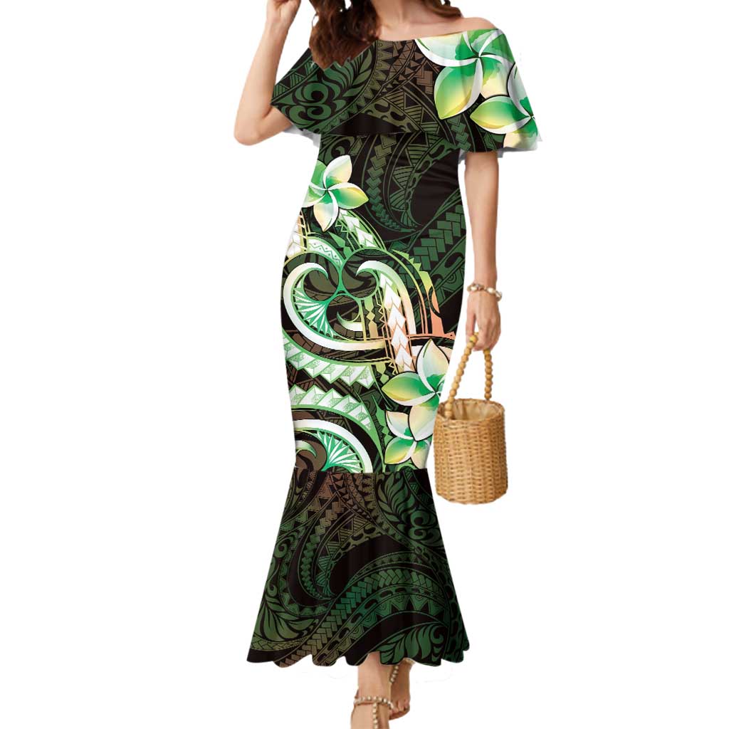 Polynesian Art Tattoo Mermaid Dress Plumeria Flowers Green Gradient LT05 Women Green - Polynesian Pride
