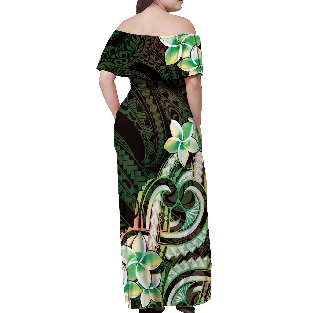 Polynesian Art Tattoo Off Shoulder Maxi Dress Plumeria Flowers Green Gradient LT05 - Polynesian Pride
