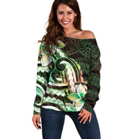 Polynesian Art Tattoo Off Shoulder Sweater Plumeria Flowers Green Gradient
