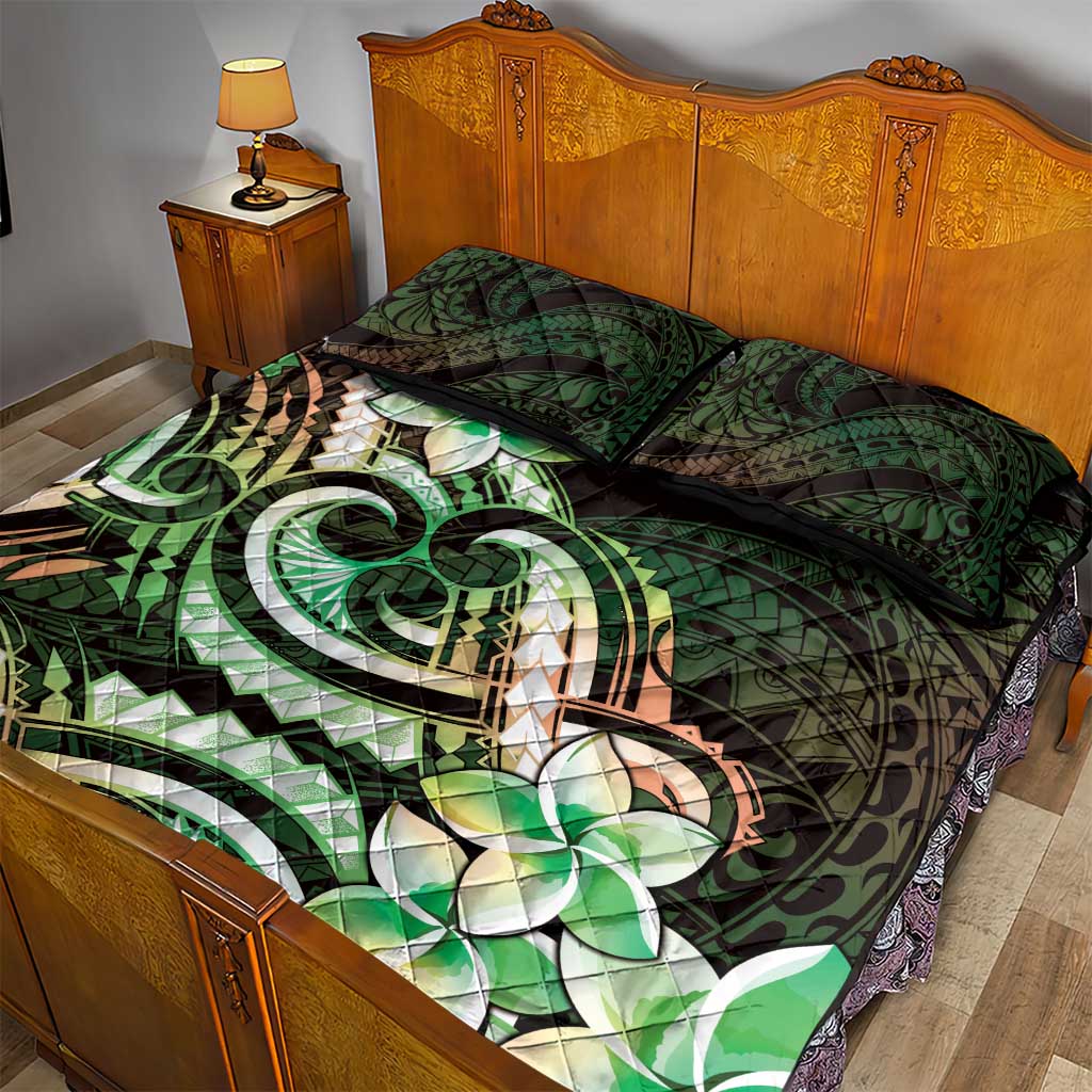 Polynesian Art Tattoo Quilt Bed Set Plumeria Flowers Green Gradient