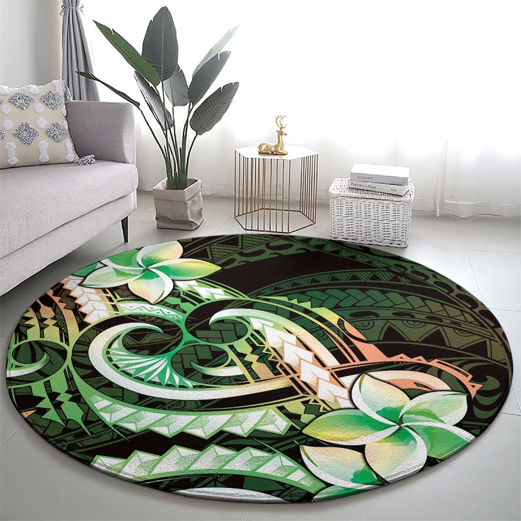 Polynesian Art Tattoo Round Carpet Plumeria Flowers Green Gradient