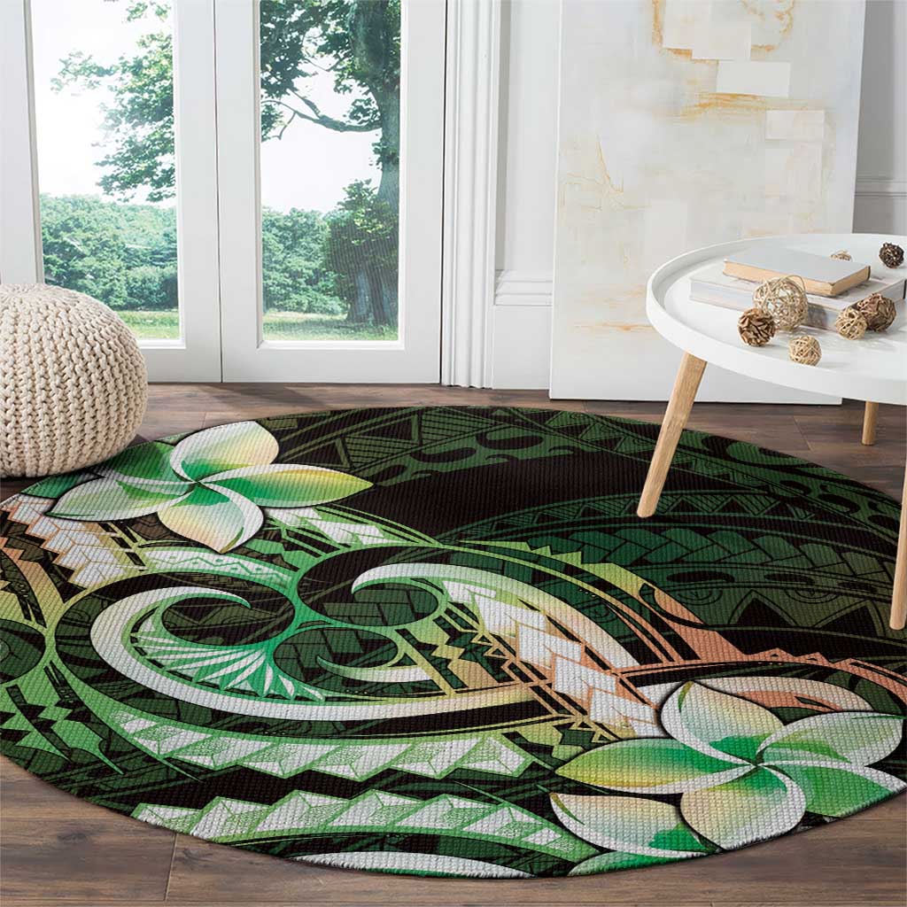 Polynesian Art Tattoo Round Carpet Plumeria Flowers Green Gradient