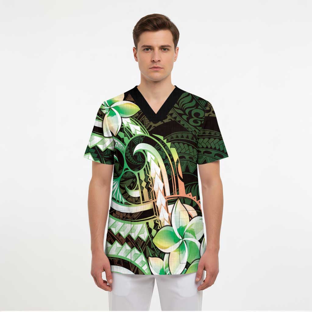 Polynesian Art Tattoo Scrub Top Plumeria Flowers Green Gradient - Polynesian Pride