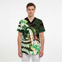 Polynesian Art Tattoo Scrub Top Plumeria Flowers Green Gradient - Polynesian Pride