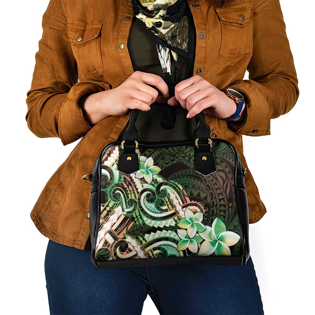 Polynesian Art Tattoo Shoulder Handbag Plumeria Flowers Green Gradient