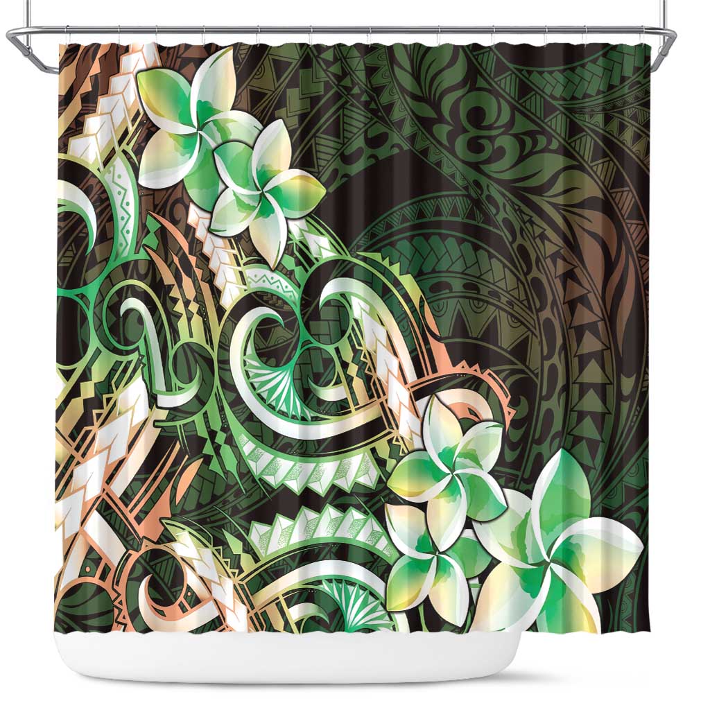 Polynesian Art Tattoo Shower Curtain Plumeria Flowers Green Gradient