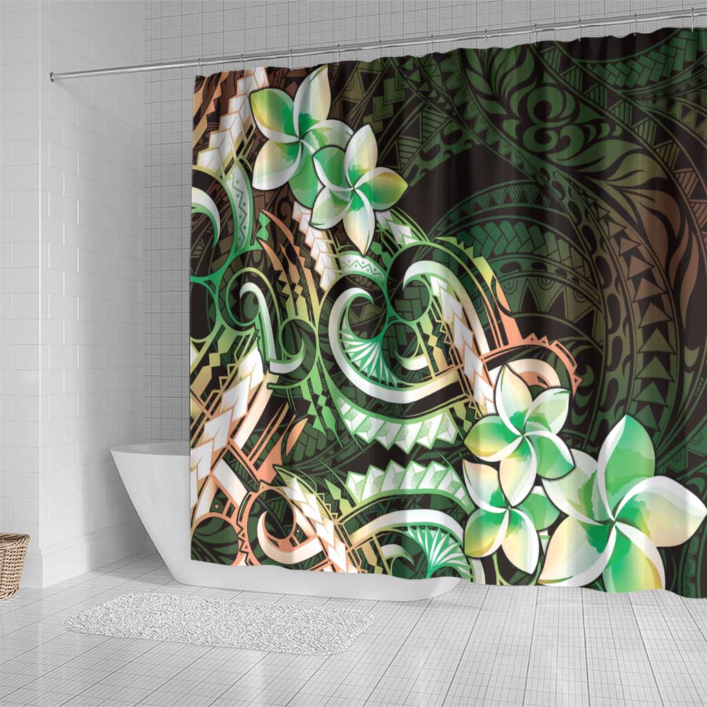 Polynesian Art Tattoo Shower Curtain Plumeria Flowers Green Gradient