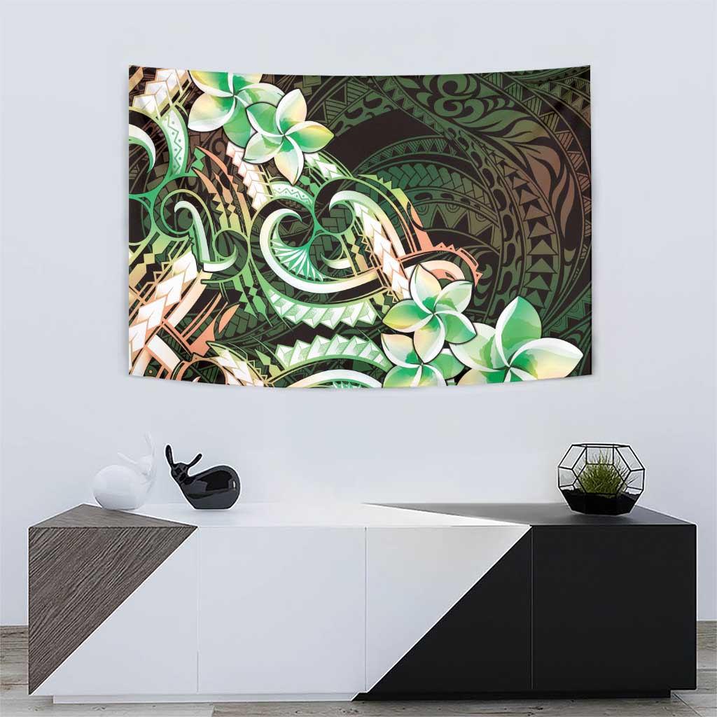 Polynesian Art Tattoo Tapestry Plumeria Flowers Green Gradient