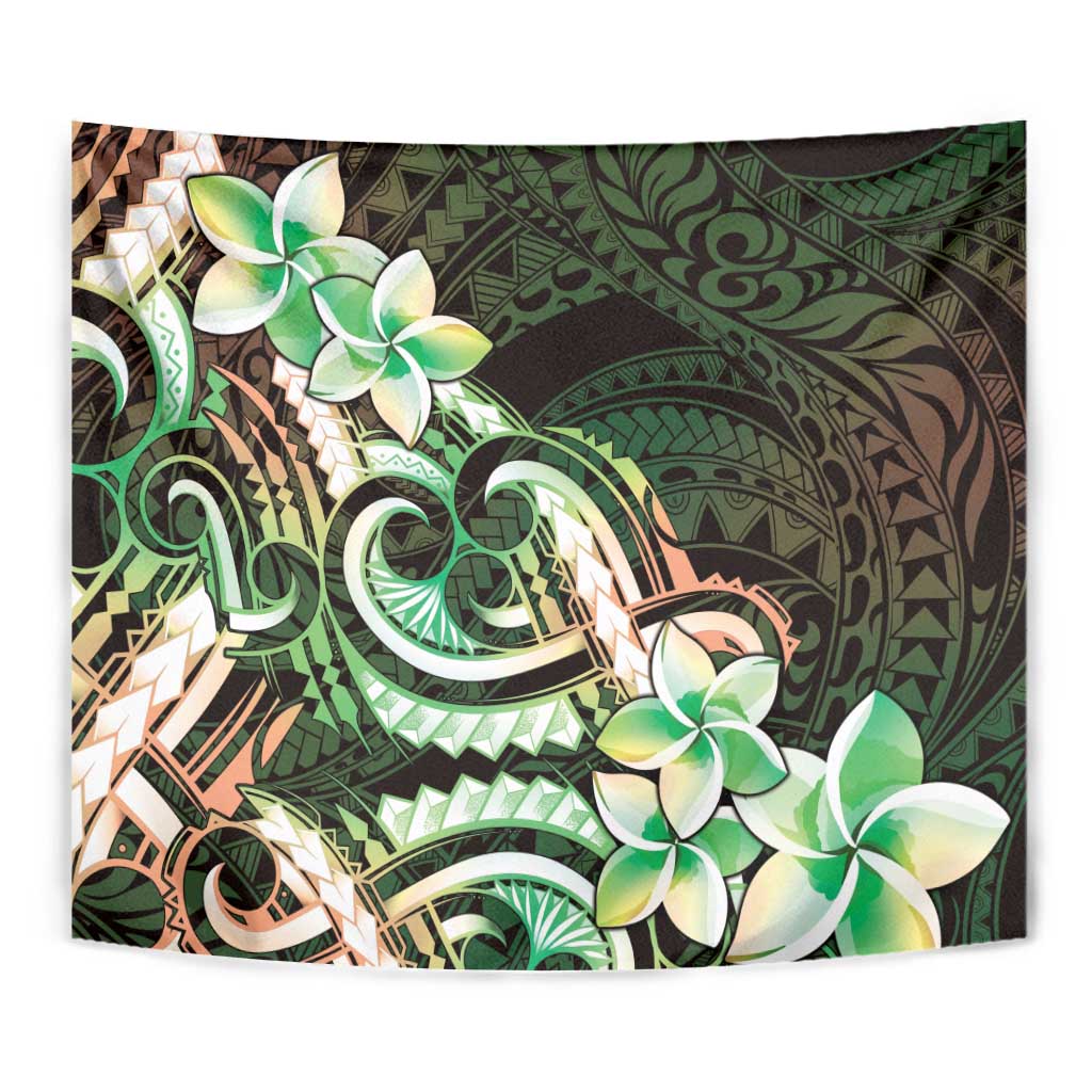 Polynesian Art Tattoo Tapestry Plumeria Flowers Green Gradient