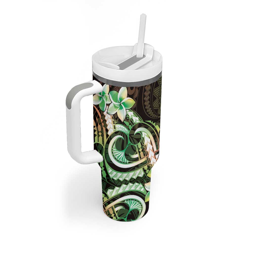 Polynesian Art Tattoo Tumbler With Handle Plumeria Flowers Green Gradient