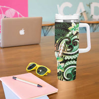 Polynesian Art Tattoo Tumbler With Handle Plumeria Flowers Green Gradient