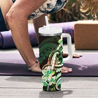 Polynesian Art Tattoo Tumbler With Handle Plumeria Flowers Green Gradient