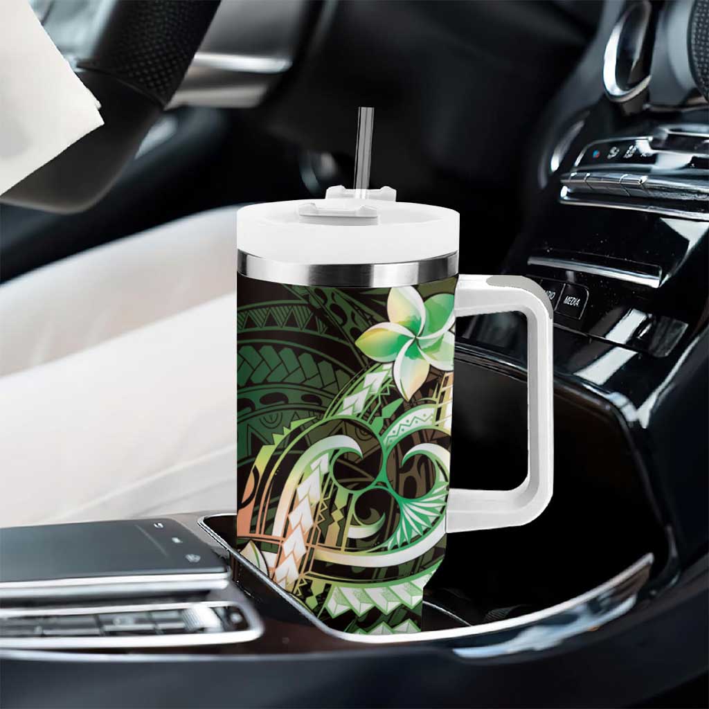 Polynesian Art Tattoo Tumbler With Handle Plumeria Flowers Green Gradient