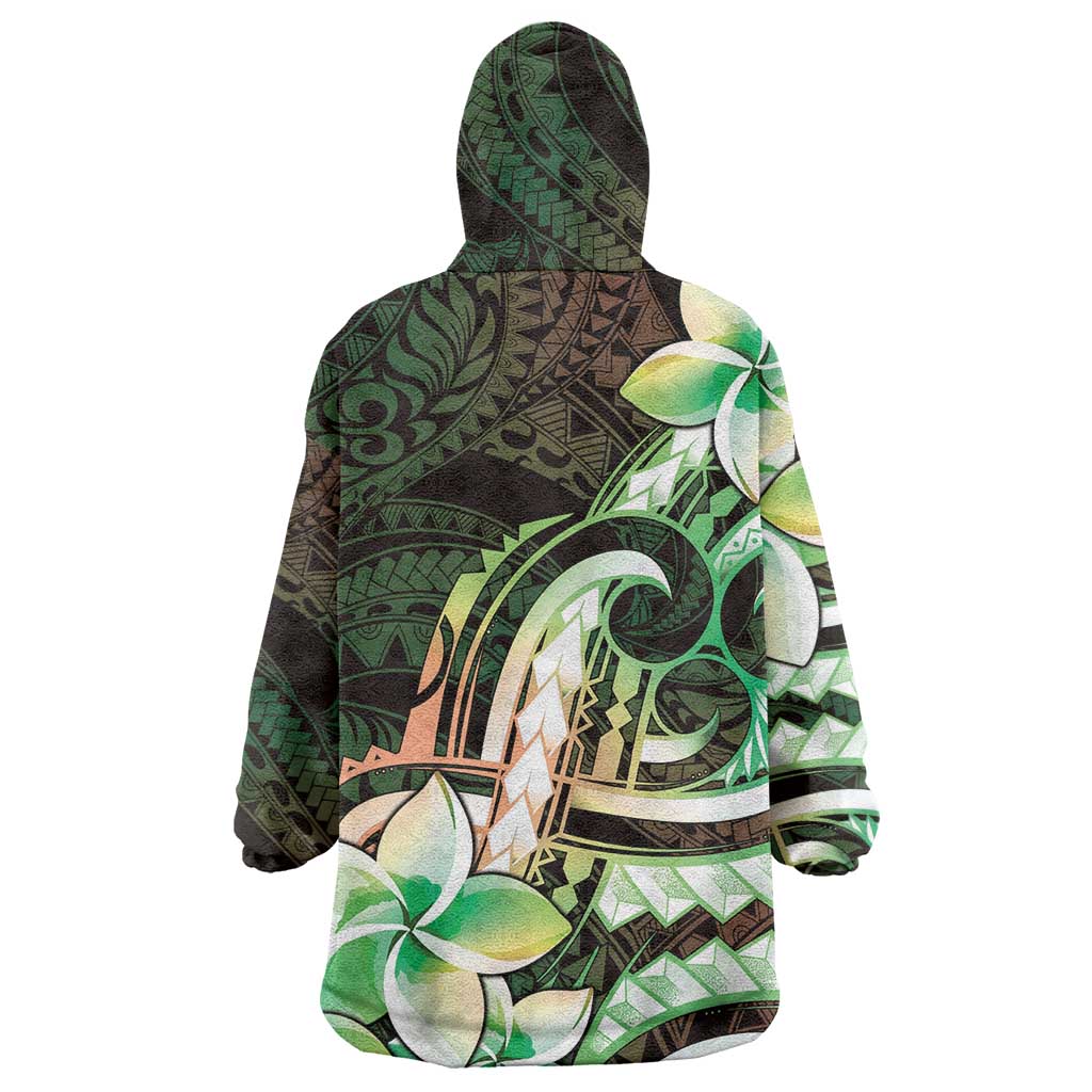 Polynesian Art Tattoo Wearable Blanket Hoodie Plumeria Flowers Green Gradient