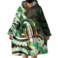 Polynesian Art Tattoo Wearable Blanket Hoodie Plumeria Flowers Green Gradient