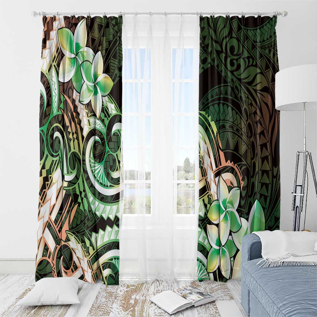 Polynesian Art Tattoo Window Curtain Plumeria Flowers Green Gradient