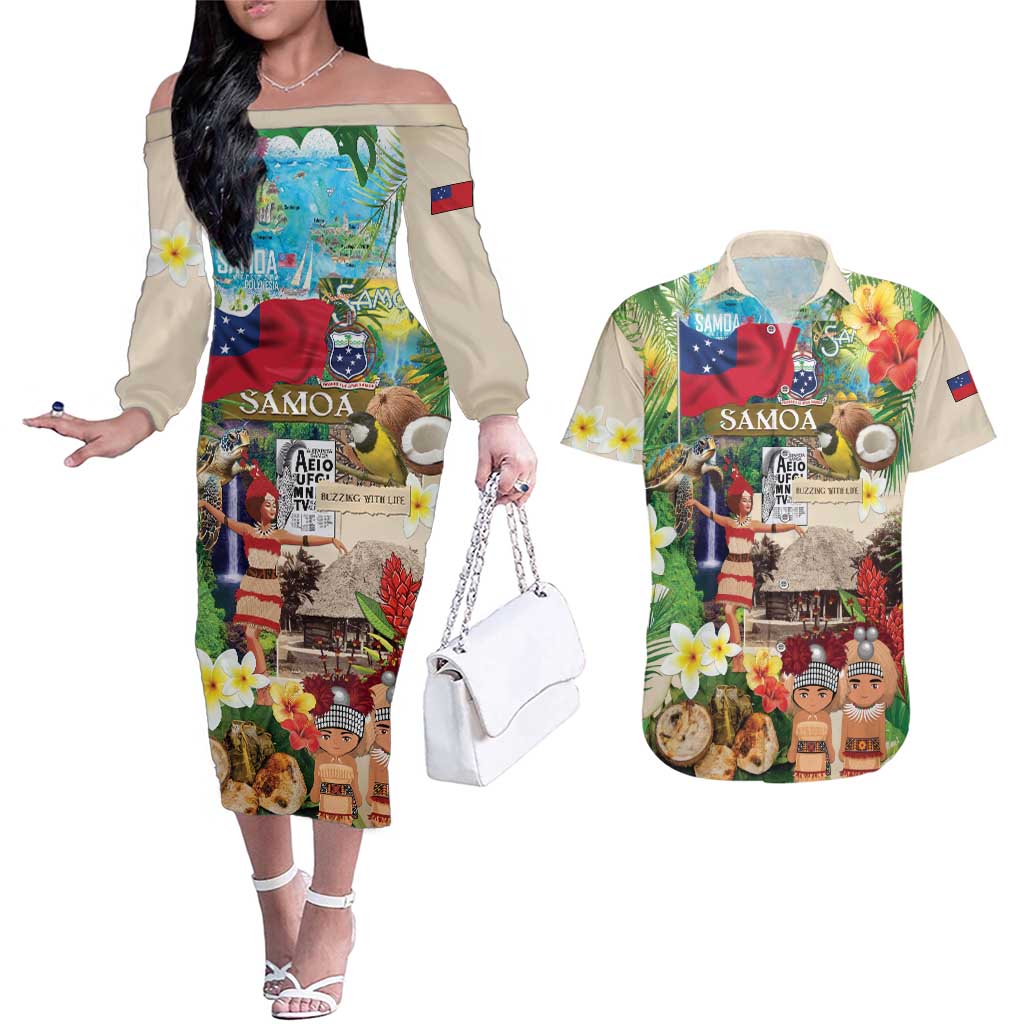Samoa Culture Couples Matching Off The Shoulder Long Sleeve Dress and Hawaiian Shirt Embracing The Spirit