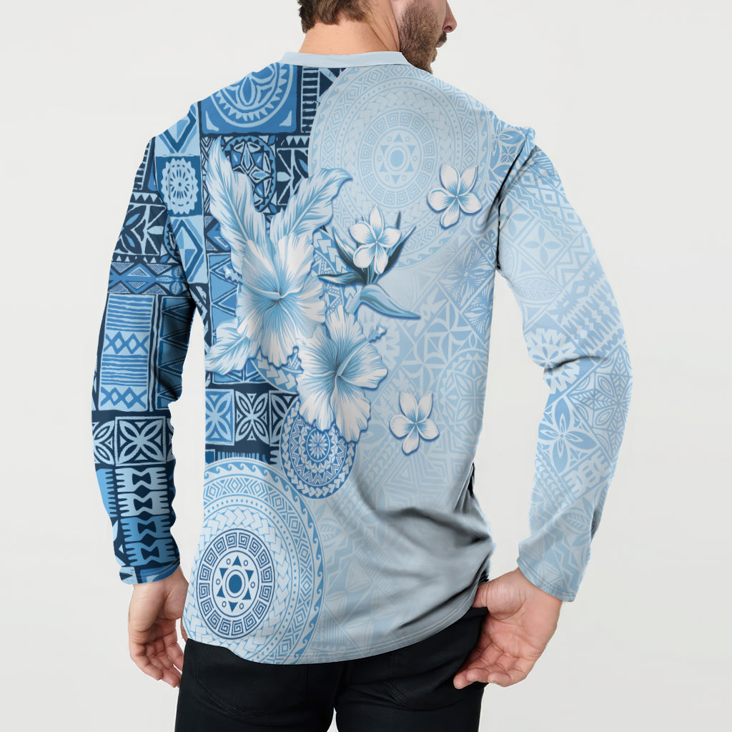 Hawaii Tapa Pattern With Blue Hibiscus Button Sweatshirt