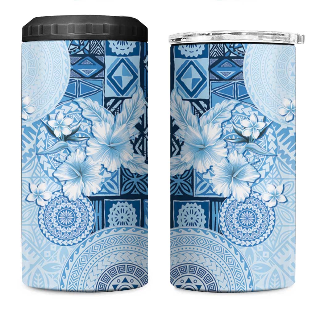 Hawaii Tapa Pattern With Blue Hibiscus 4 in 1 Can Cooler Tumbler