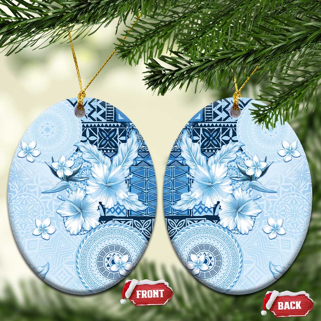 Hawaii Tapa Pattern With Blue Hibiscus Ceramic Ornament