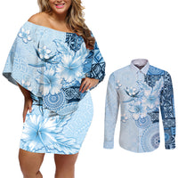 Hawaii Tapa Pattern With Blue Hibiscus Couples Matching Off Shoulder Short Dress and Long Sleeve Button Shirt