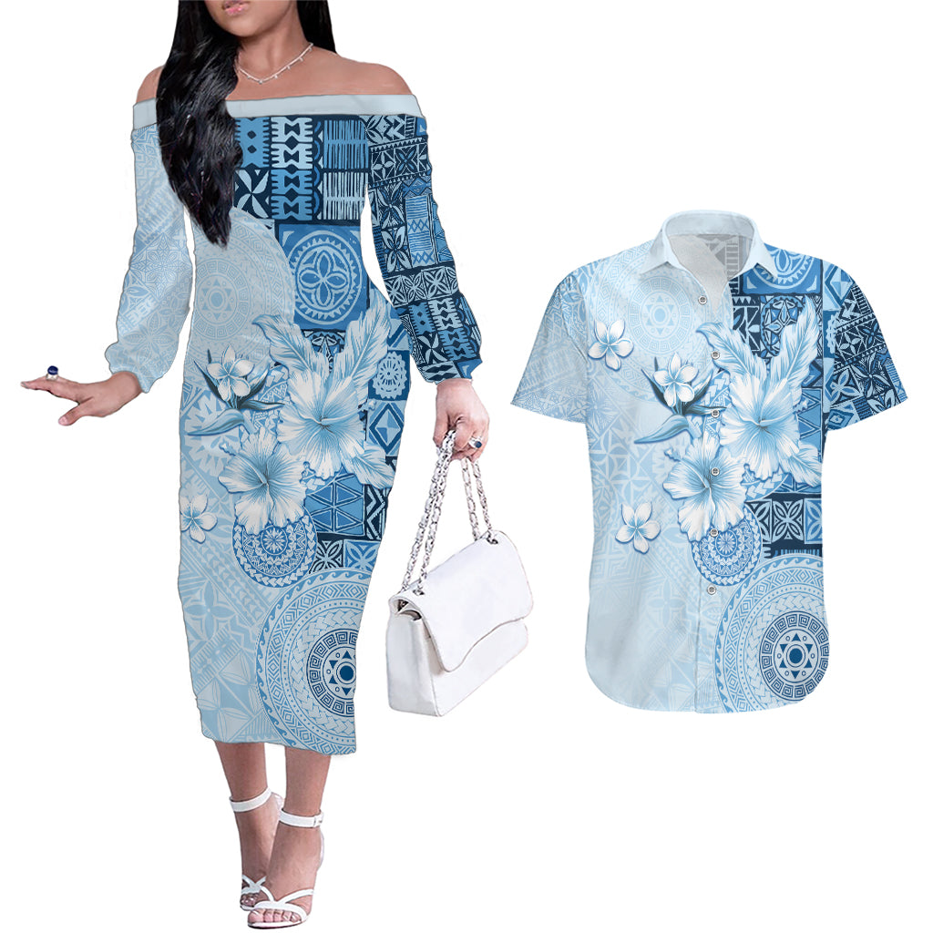Hawaii Tapa Pattern With Blue Hibiscus Couples Matching Off The Shoulder Long Sleeve Dress and Hawaiian Shirt