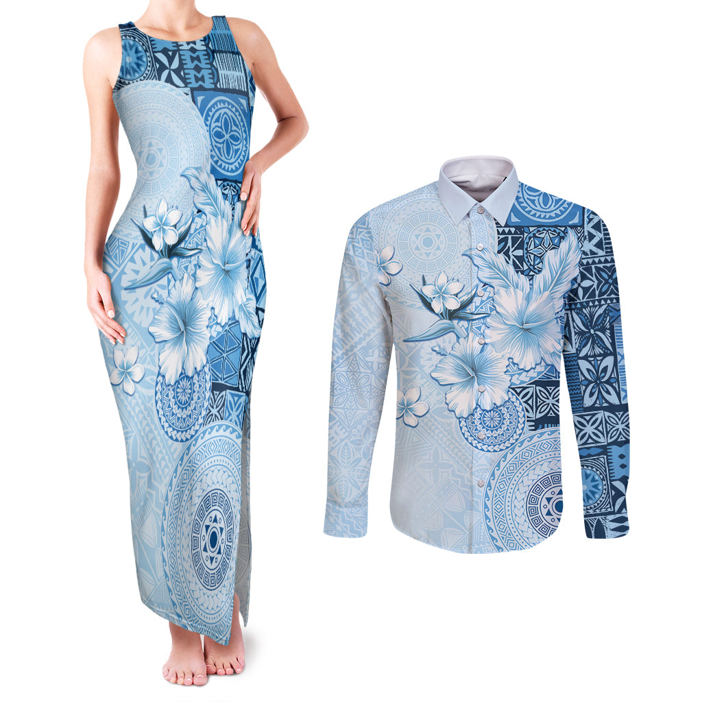 Hawaii Tapa Pattern With Blue Hibiscus Couples Matching Tank Maxi Dress and Long Sleeve Button Shirt