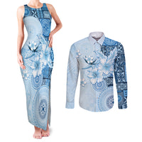 Hawaii Tapa Pattern With Blue Hibiscus Couples Matching Tank Maxi Dress and Long Sleeve Button Shirt