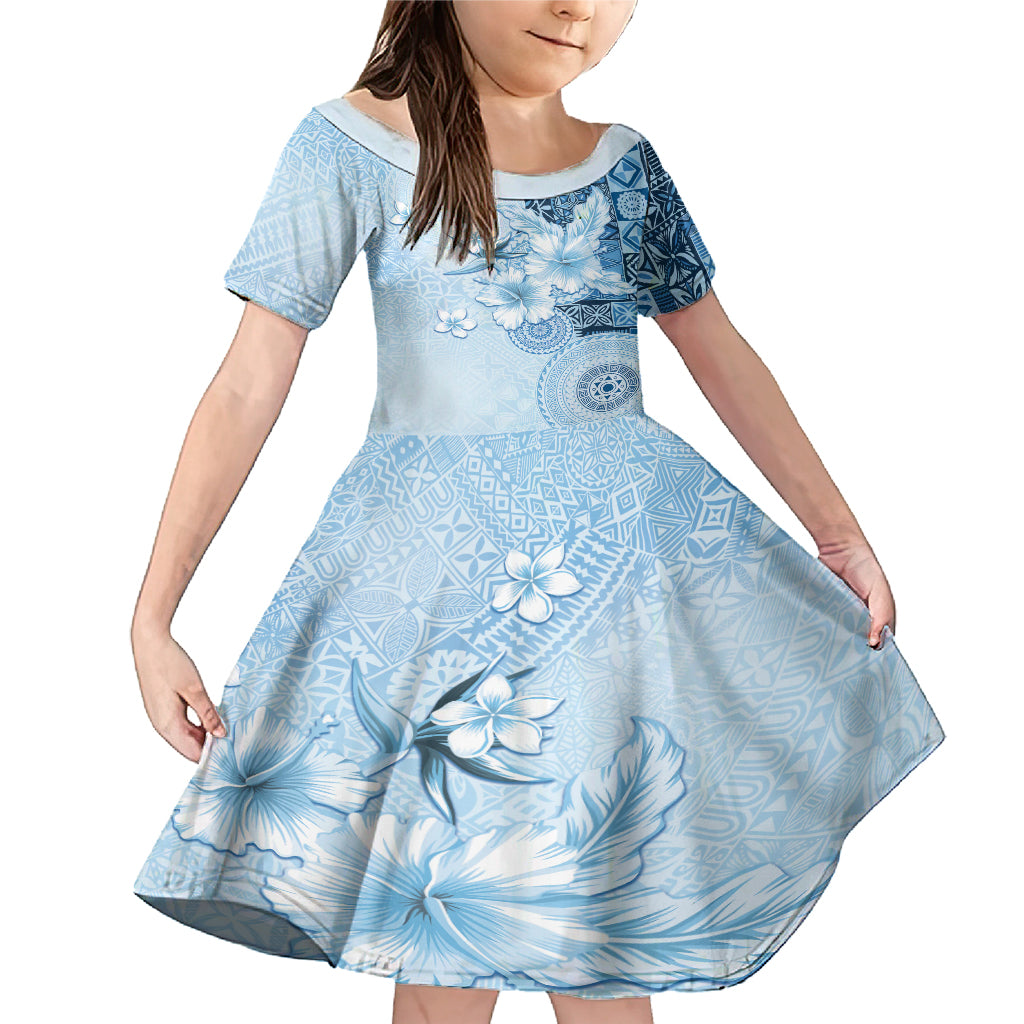 Hawaii Tapa Pattern With Blue Hibiscus Family Matching Mermaid Dress and Hawaiian Shirt