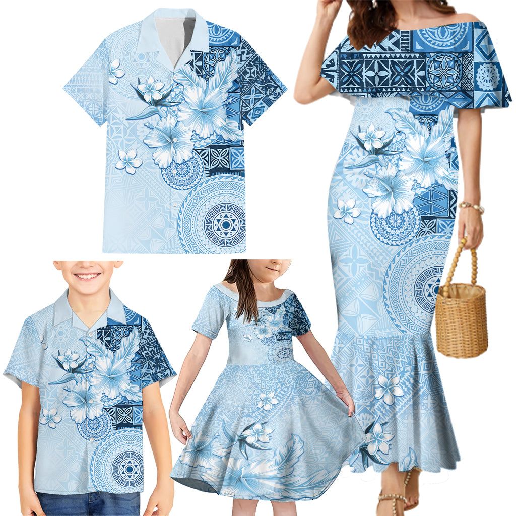 Hawaii Tapa Pattern With Blue Hibiscus Family Matching Mermaid Dress and Hawaiian Shirt