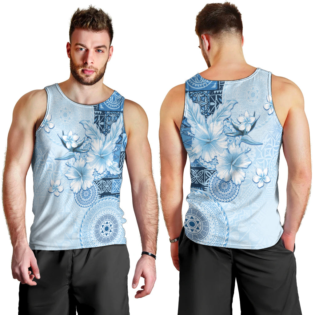Hawaii Tapa Pattern With Blue Hibiscus Men Tank Top