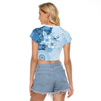 Hawaii Tapa Pattern With Blue Hibiscus Raglan Cropped T Shirt