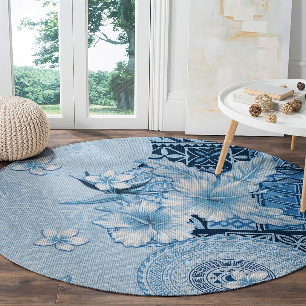Hawaii Tapa Pattern With Blue Hibiscus Round Carpet