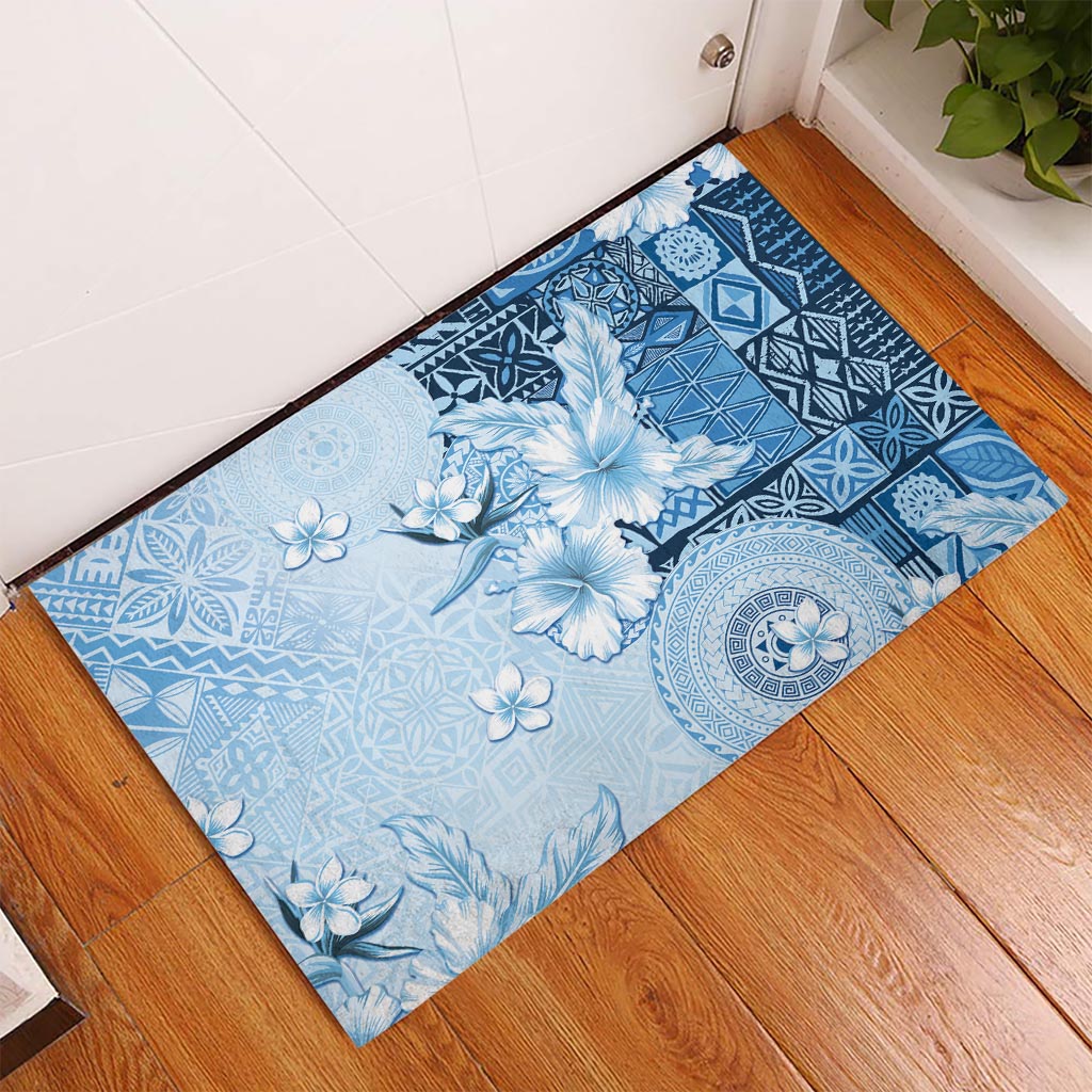 Hawaii Tapa Pattern With Blue Hibiscus Rubber Doormat