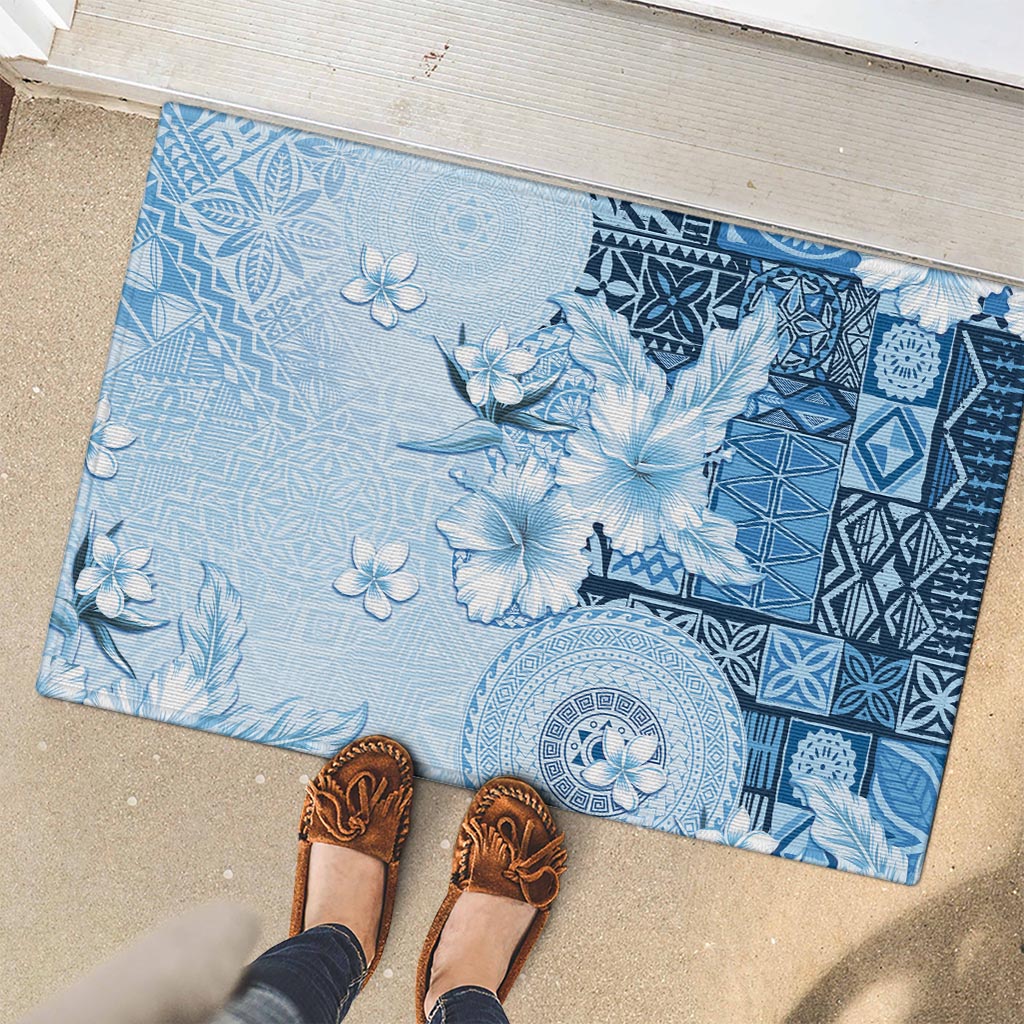 Hawaii Tapa Pattern With Blue Hibiscus Rubber Doormat