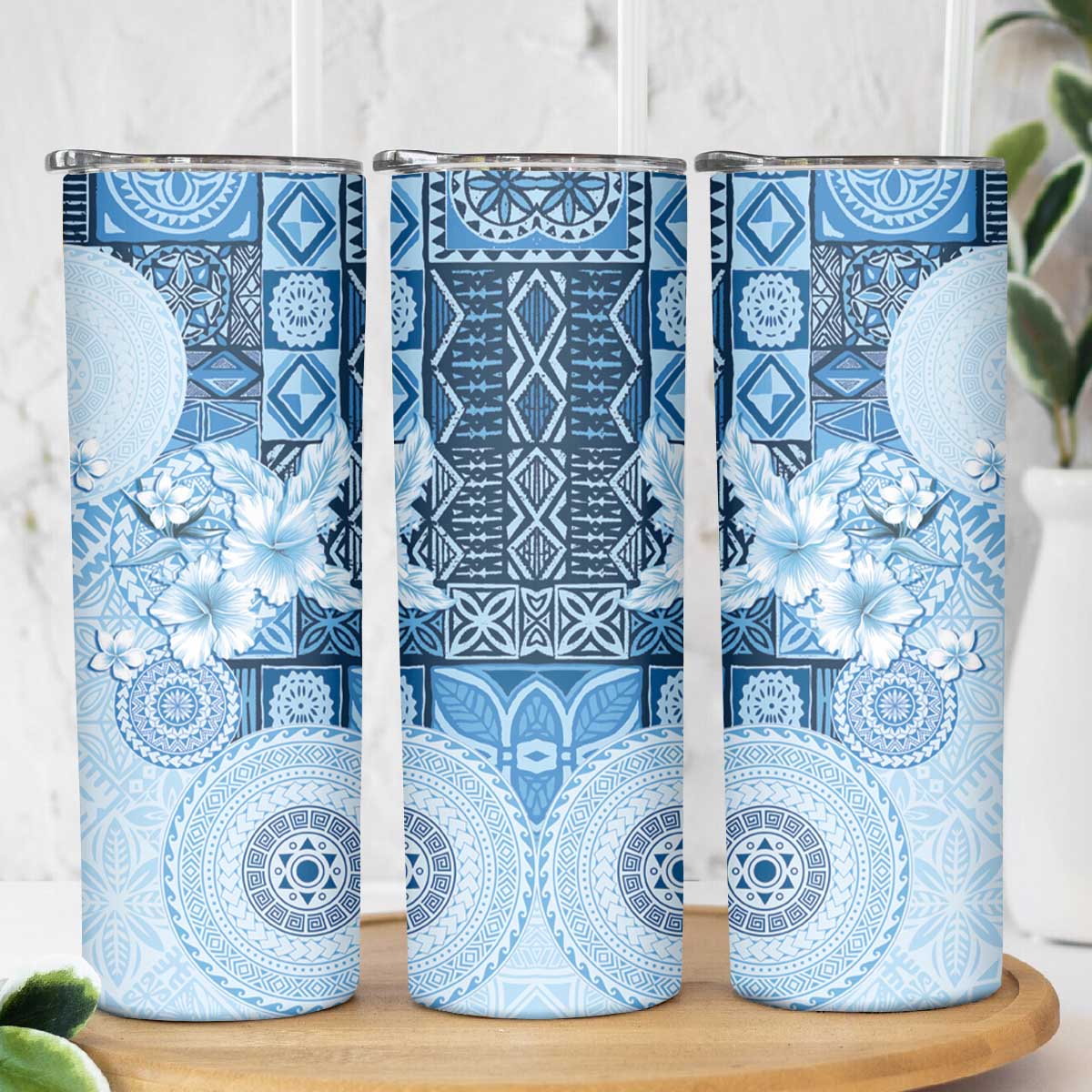 Hawaii Tapa Pattern With Blue Hibiscus Skinny Tumbler