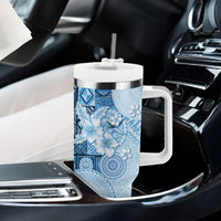 Hawaii Tapa Pattern With Blue Hibiscus Tumbler With Handle