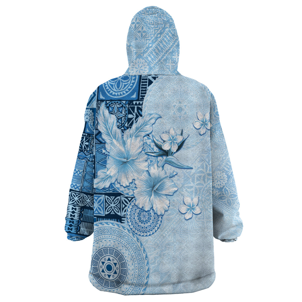 Hawaii Tapa Pattern With Blue Hibiscus Wearable Blanket Hoodie
