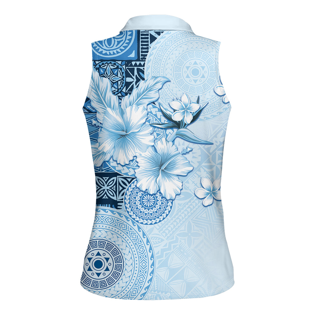 Hawaii Tapa Pattern With Blue Hibiscus Women Sleeveless Polo Shirt