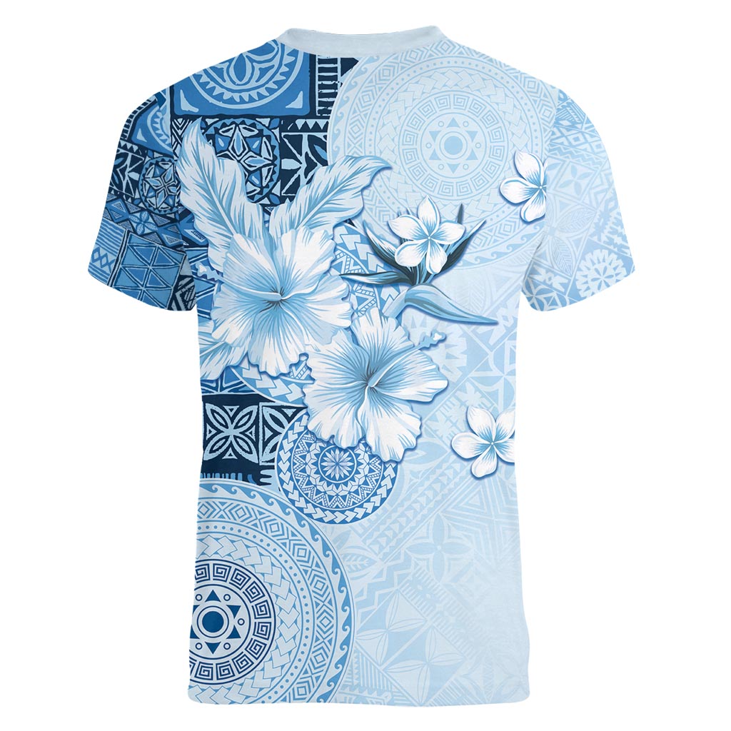 Hawaii Tapa Pattern With Blue Hibiscus Women V-Neck T-Shirt