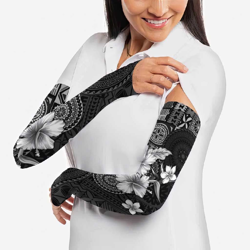 Hawaii Tapa Pattern With Black Hibiscus Arm Sleeves - Polynesian Pride