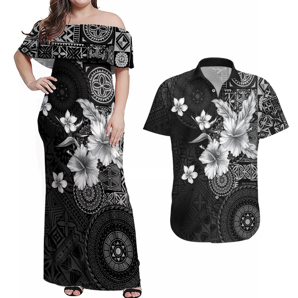 Hawaii Tapa Pattern With Black Hibiscus Couples Matching Off Shoulder Maxi Dress and Hawaiian Shirt