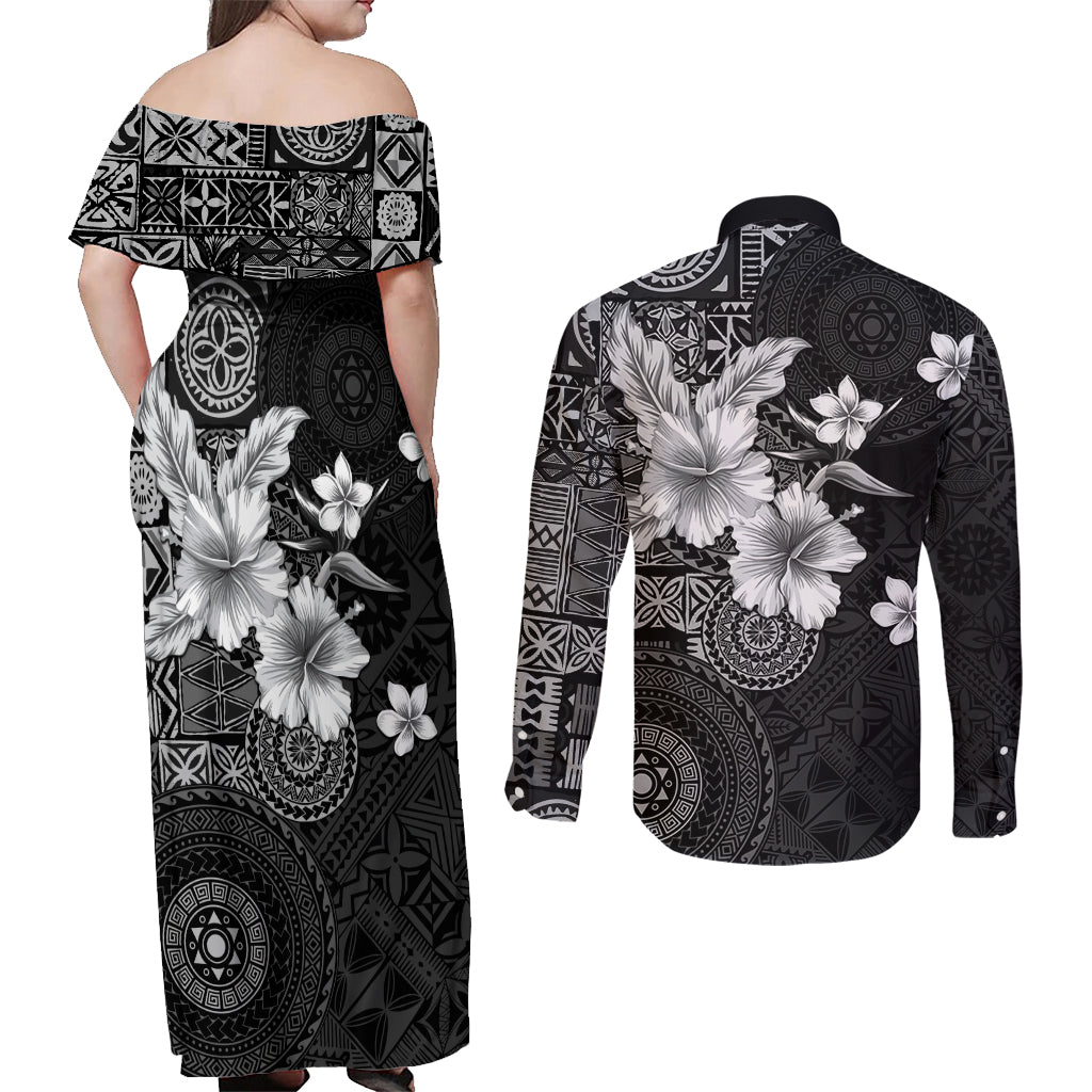 Hawaii Tapa Pattern With Black Hibiscus Couples Matching Off Shoulder Maxi Dress and Long Sleeve Button Shirt