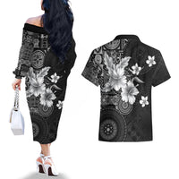 Hawaii Tapa Pattern With Black Hibiscus Couples Matching Off The Shoulder Long Sleeve Dress and Hawaiian Shirt
