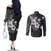 Hawaii Tapa Pattern With Black Hibiscus Couples Matching Off The Shoulder Long Sleeve Dress and Long Sleeve Button Shirt